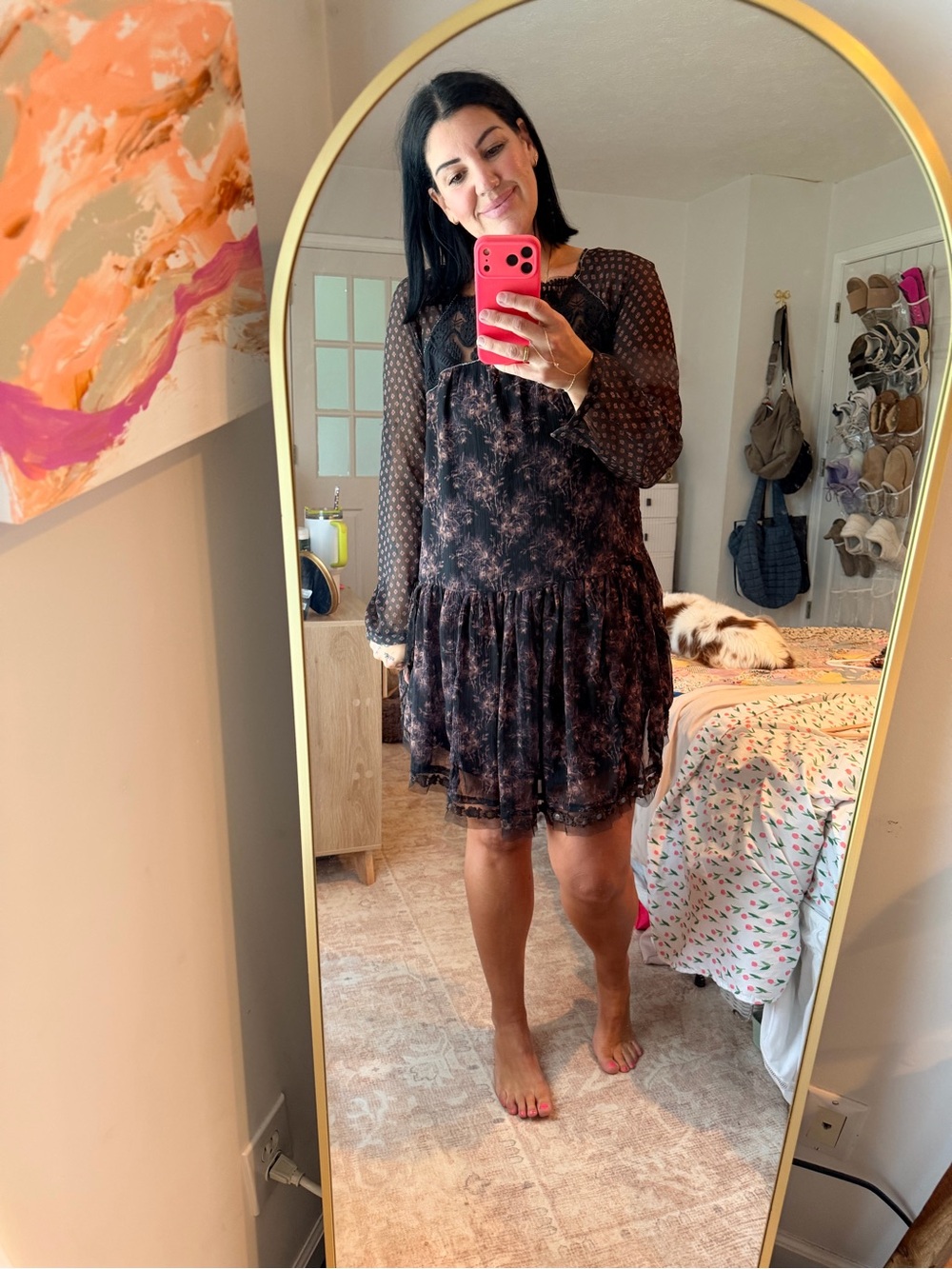 Free People Women's Black Floral Long-Sleeve Ruffled Dress